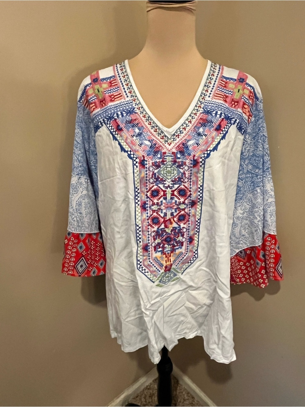 Embroidered V-Neck Boho Tunic - White with Red & Blue Details